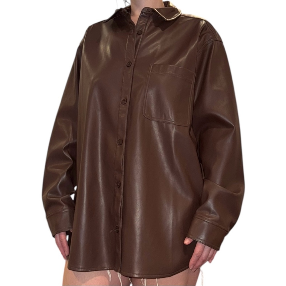 Brown Faux Leather Button Up Shirt - Picture 2 of 12